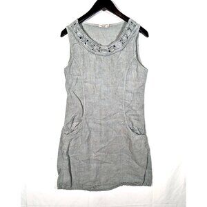 Lungo L'arno Italy 100% Linen Shift Dress Sz M Sage Green Rosette Trim Pockets